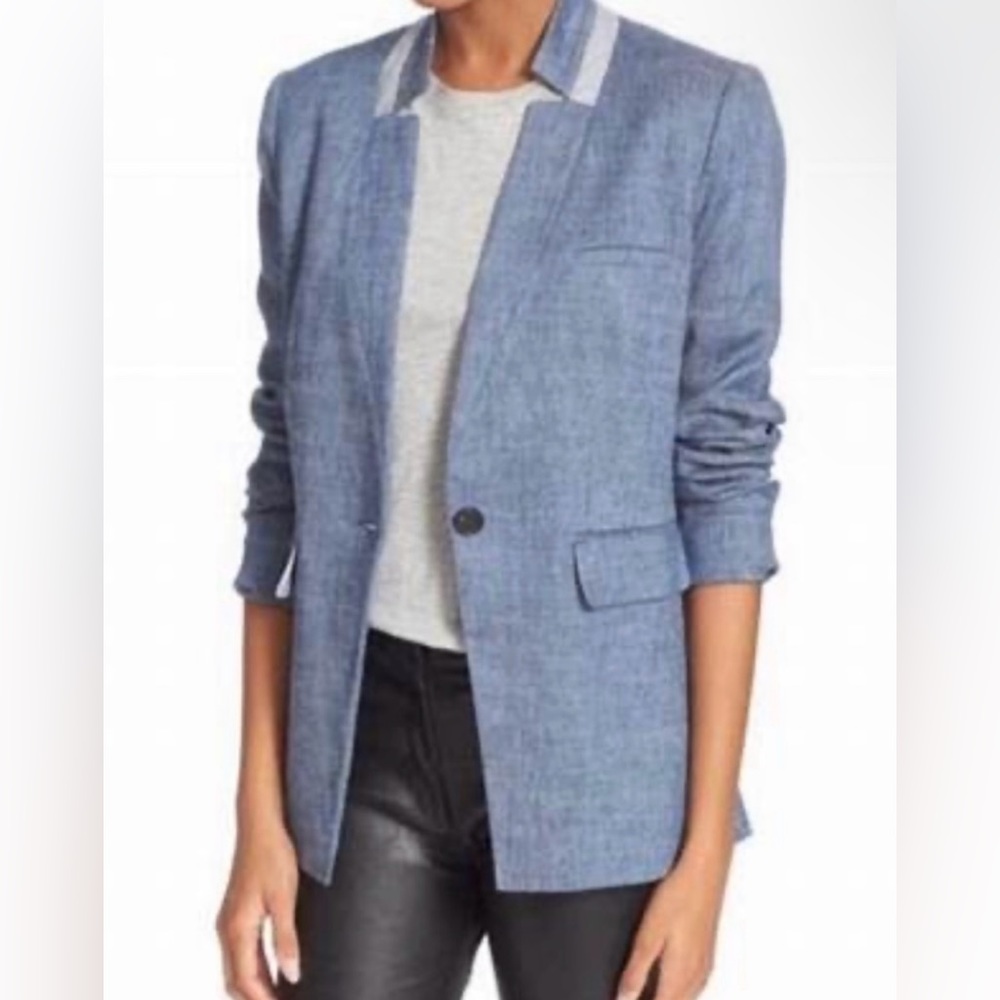 VERONICA BEARD Linen Blue Upcollar Blazer With White Insert